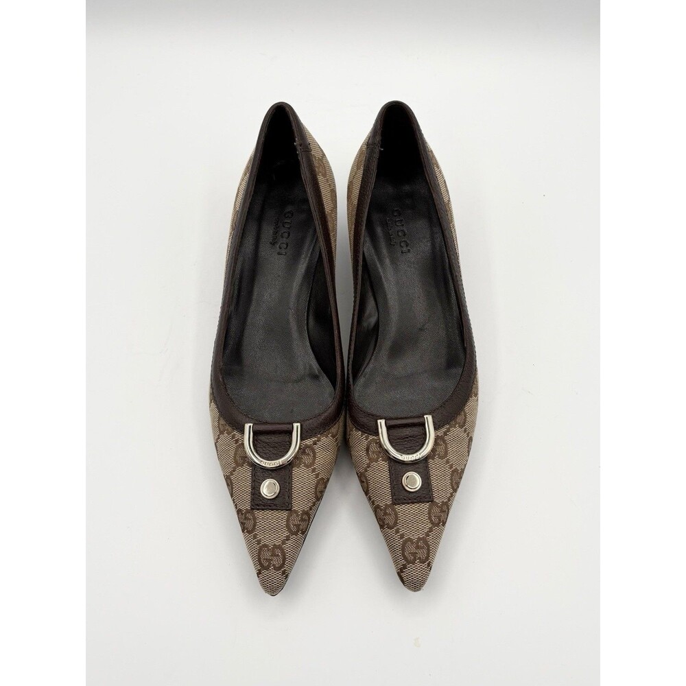 Gucci Brown Canvas GG Monogram Kitten Heels Silver Buckle Accent Sz EU 35